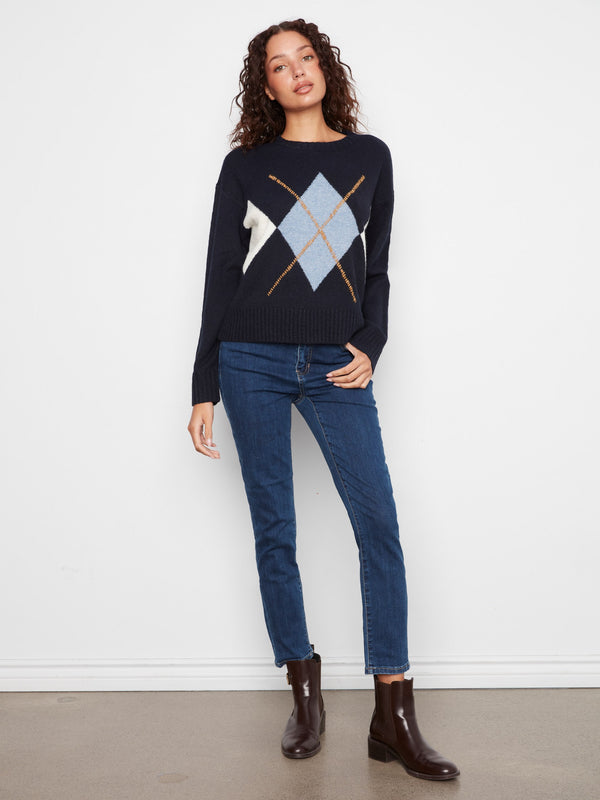 Argyle Crew Neck Sweater - Navy