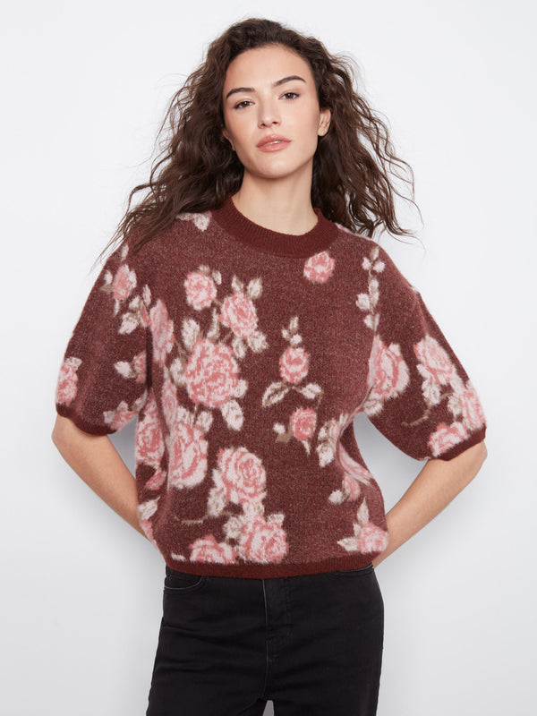 Balloon Elbow Sleeve Floral Jacquard Knit Sweater - Rosette
