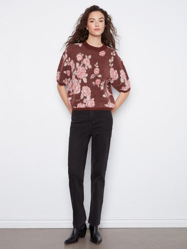 Sweater with balloon elbow sleeves, offering a relaxed fit and elegant floral design by Charlie B.