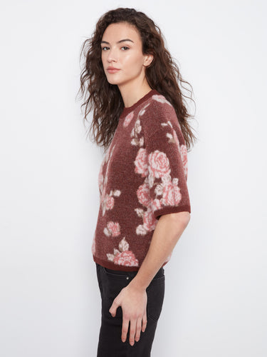Mock neck sweater crafted from soft brushed knit, showcasing a beautiful floral jacquard pattern by Charlie B.