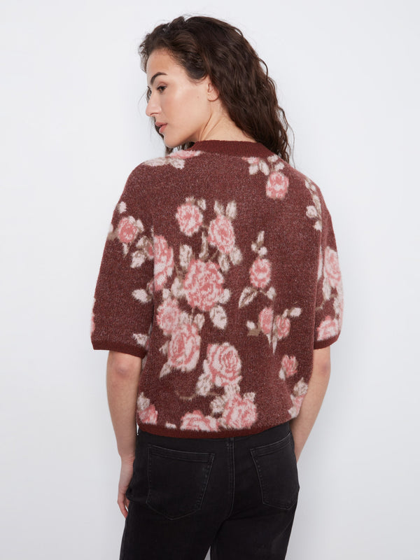 Balloon Elbow Sleeve Floral Jacquard Knit Sweater - Rosette