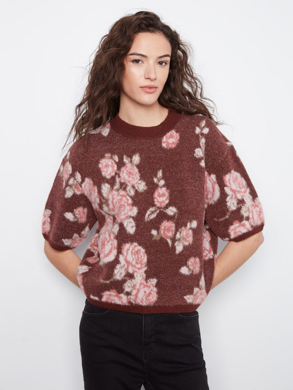 Balloon Elbow Sleeve Floral Jacquard Knit Sweater - Rosette