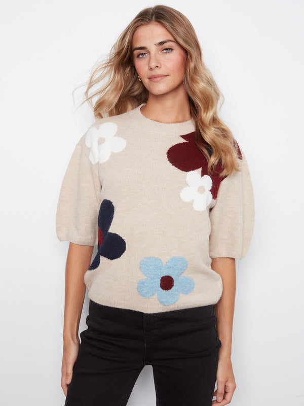 Balloon Elbow Sleeve Jacquard Knit Sweater - Multicolor