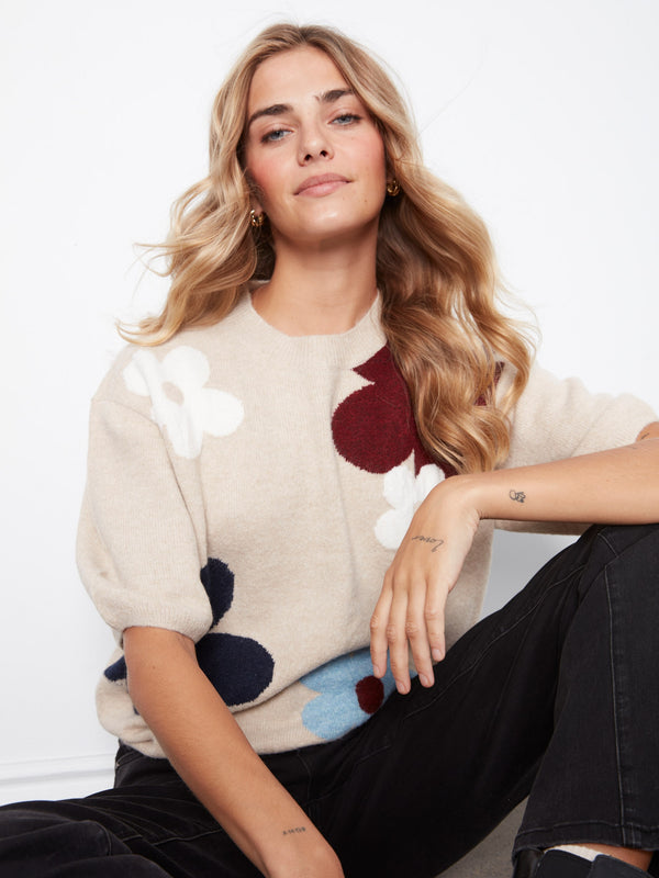 Balloon Elbow Sleeve Jacquard Knit Sweater - Multicolor