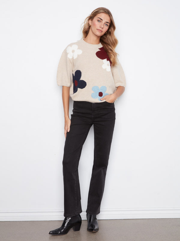 Balloon Elbow Sleeve Jacquard Knit Sweater - Multicolor