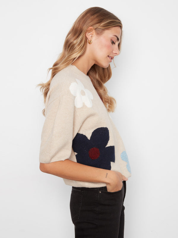 Balloon Elbow Sleeve Jacquard Knit Sweater - Multicolor