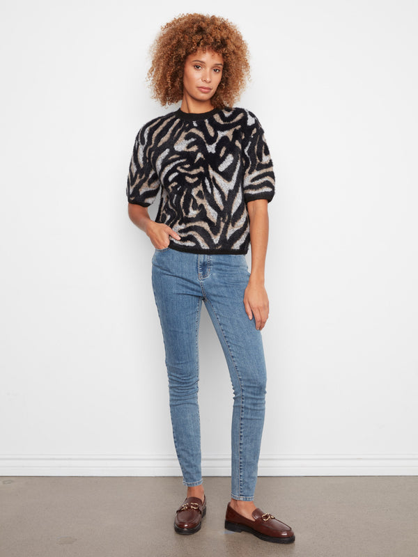 Balloon Elbow Sleeve Jacquard Knit Sweater - Mystic