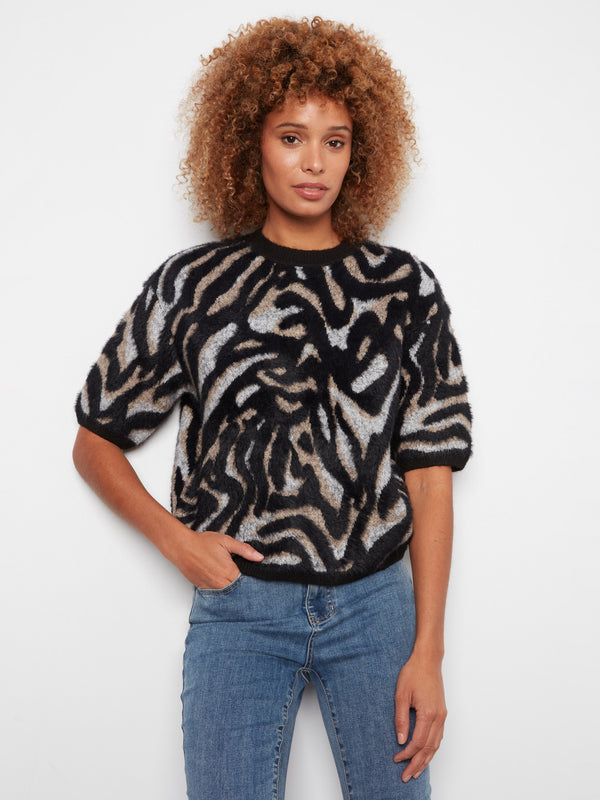 Balloon Elbow Sleeve Jacquard Knit Sweater - Mystic