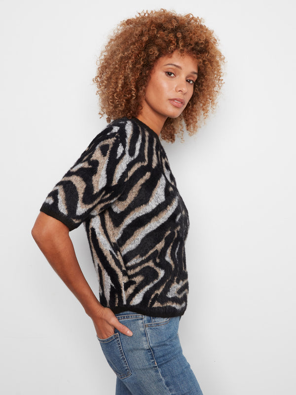 Balloon Elbow Sleeve Jacquard Knit Sweater - Mystic
