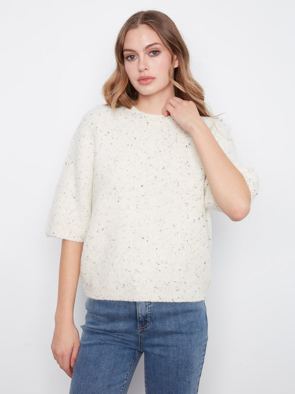 Balloon Elbow Sleeve Knit Sweater - Cookie And Cream