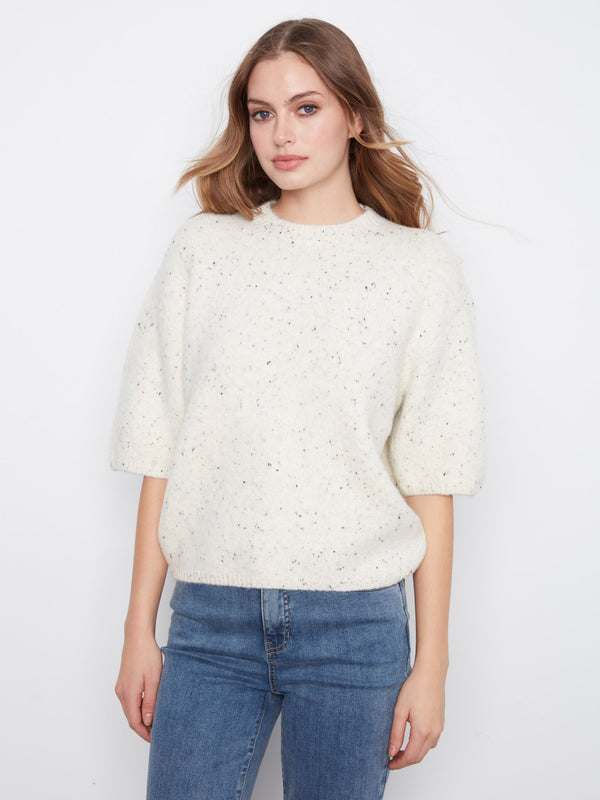 Balloon Elbow Sleeve Knit Sweater - Cookie And Cream