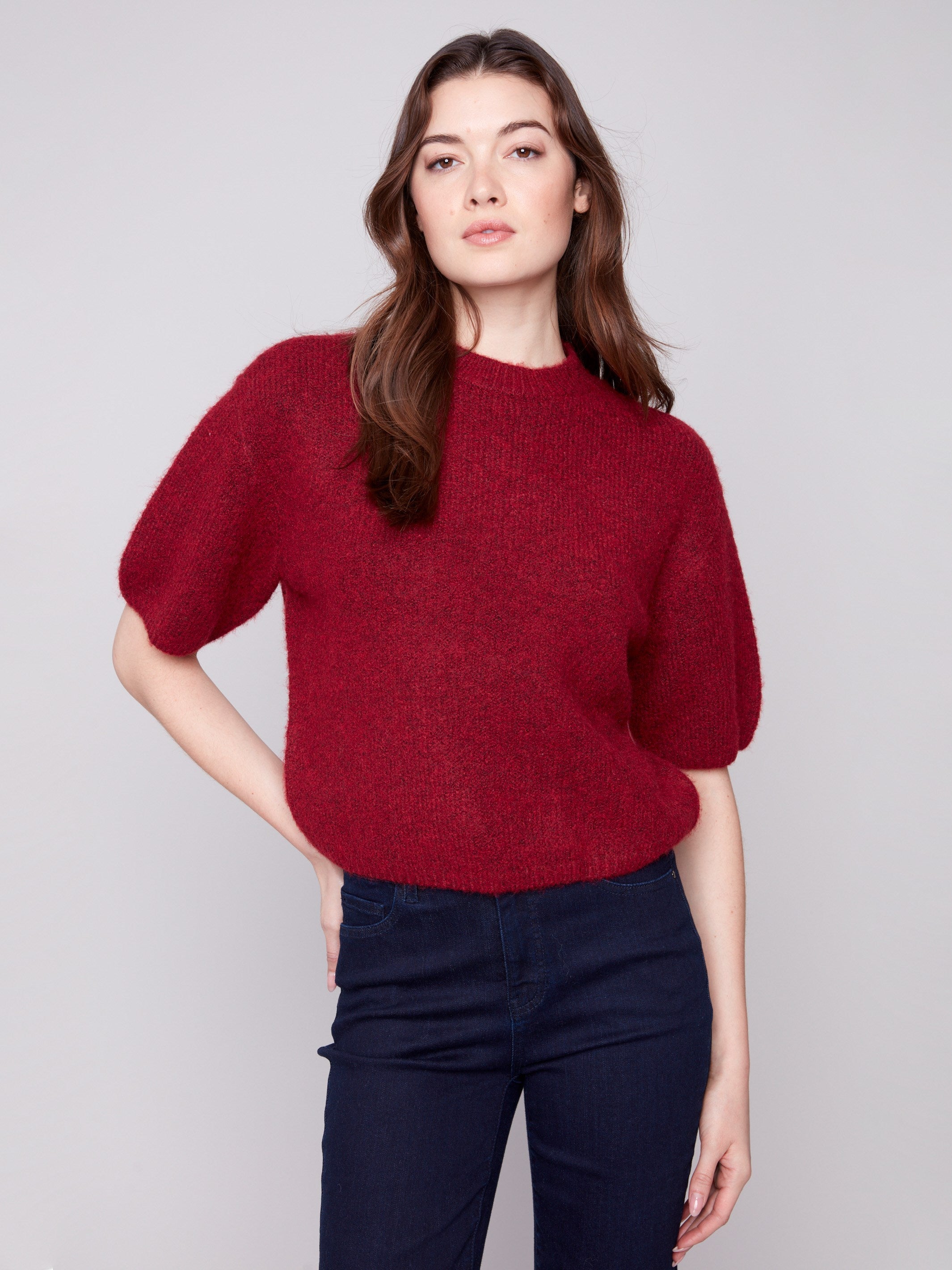 Cabernet knit sweater featuring a crew neckline and plush texture, perfect for cozy days by Charlie B.