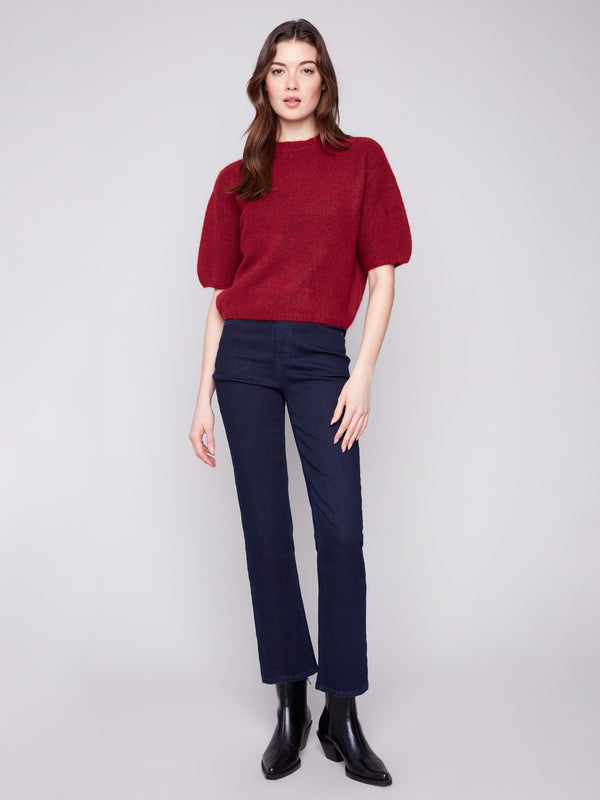 Balloon Elbow Sleeve Knit Sweater - Cabernet