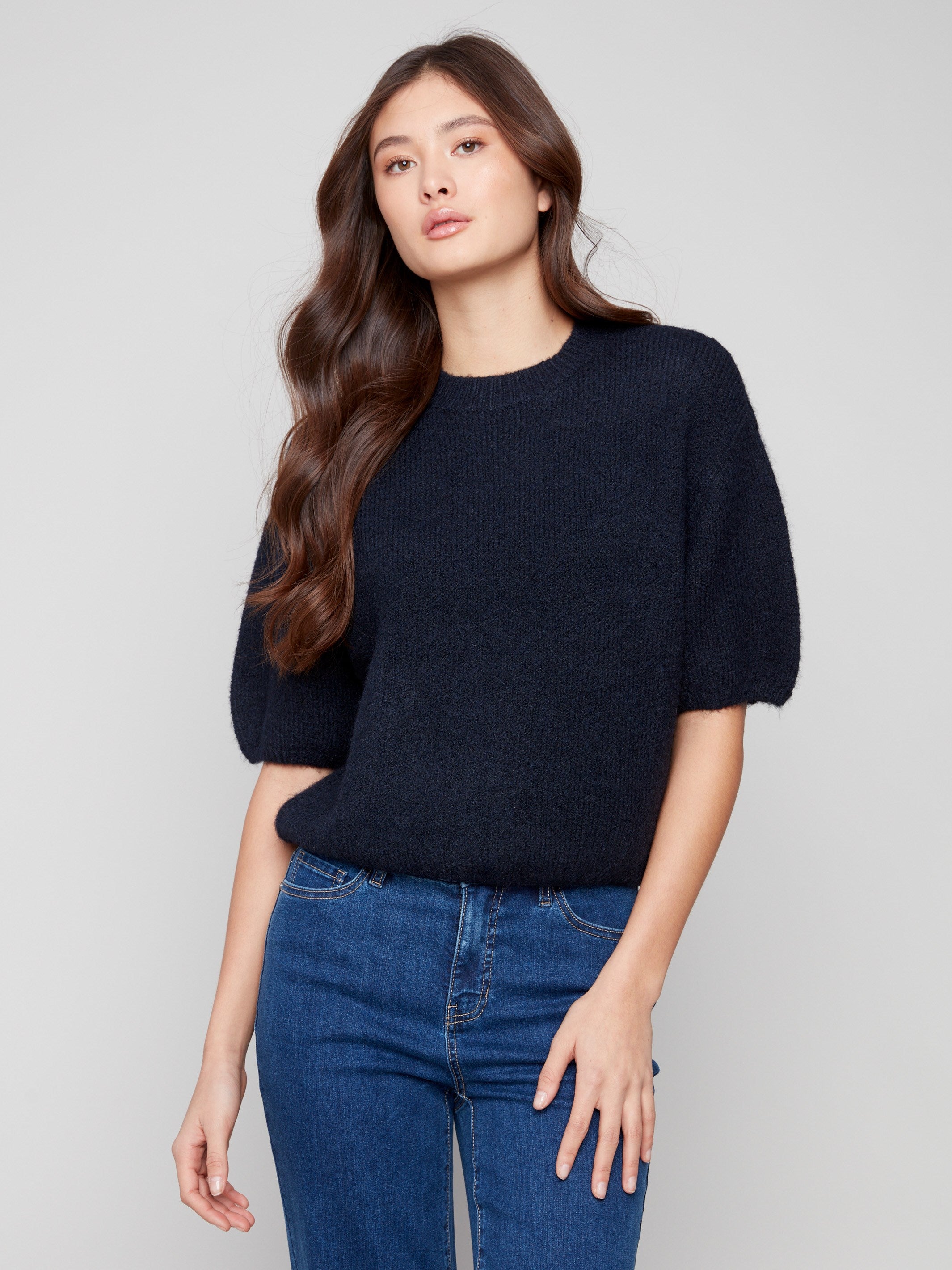 Moonlight sweater featuring a plush knit and balloon-shaped elbow sleeves, perfect for cozy days by Charlie B.