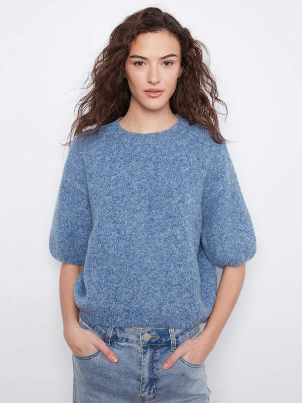 Balloon Elbow Sleeve Knit Sweater - Heather Denim
