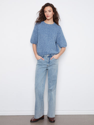 Relaxed fit blue sweater with chic balloon sleeves, ideal for comfortable daily wear by Charlie B.