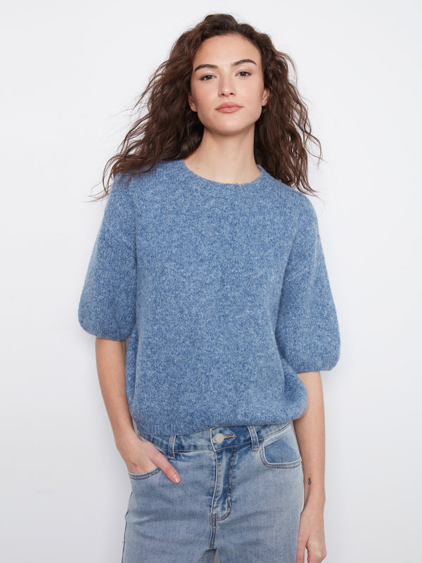 Balloon Elbow Sleeve Knit Sweater - Heather Denim