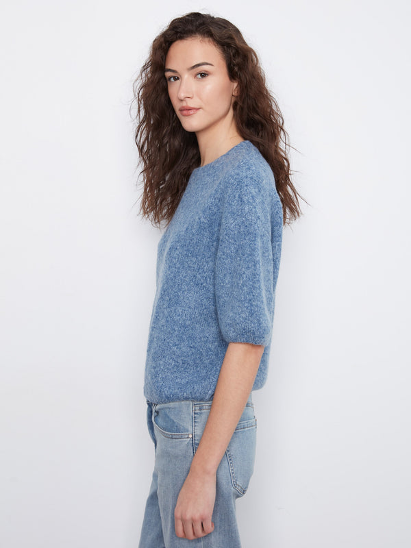 Balloon Elbow Sleeve Knit Sweater - Heather Denim