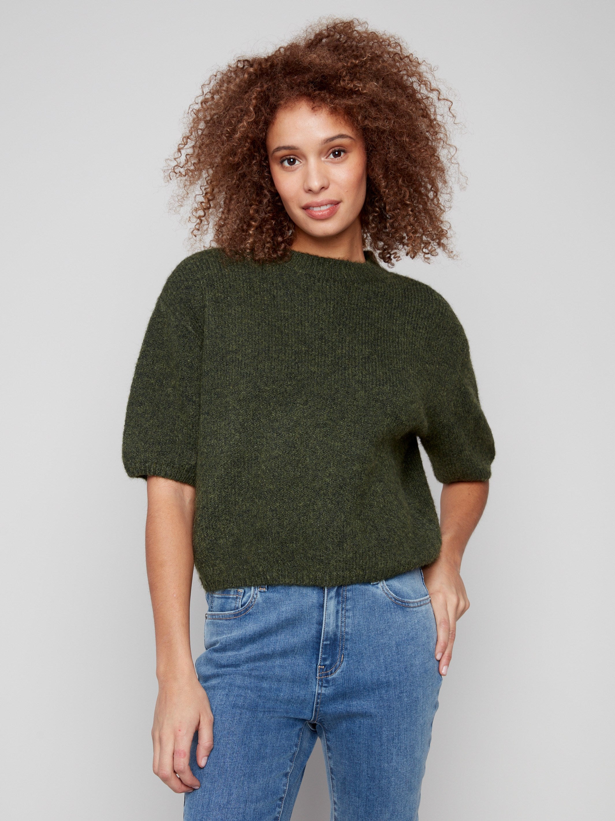 Knit sweater featuring plush texture and balloon-shaped sleeves for a cozy feel by Charlie B.