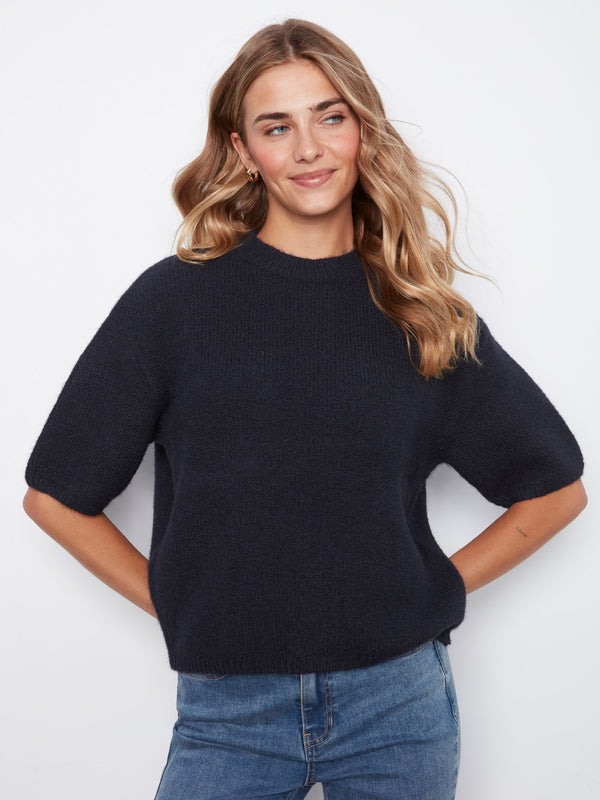 Balloon Elbow Sleeve Knit Sweater - Navy