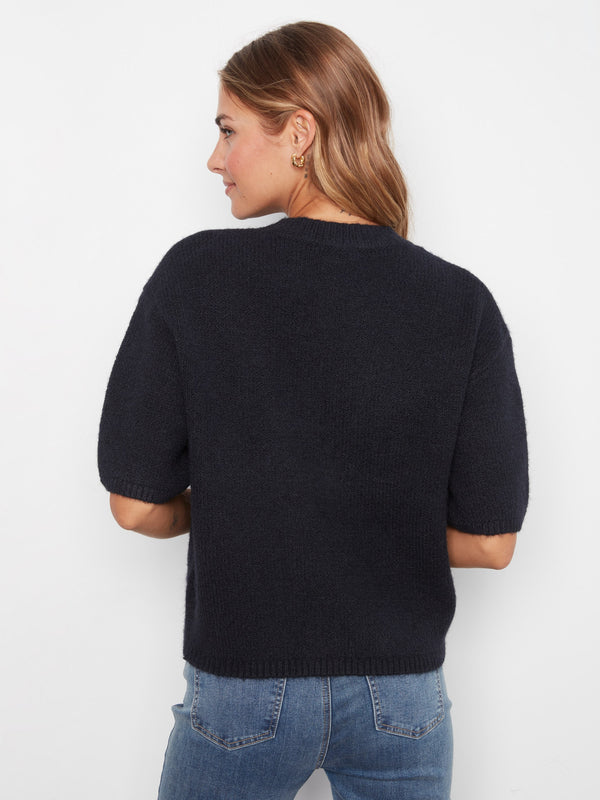 Balloon Elbow Sleeve Knit Sweater - Navy