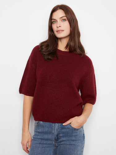 Elegant mock neck sweater in rich burgundy, featuring balloon elbow sleeves for a chic look by Charlie B.