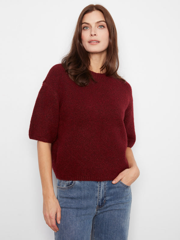 Balloon Elbow Sleeve Knit Sweater - Heather Merlot