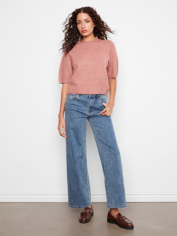 Balloon Elbow Sleeve Knit Sweater - Heather Carnation