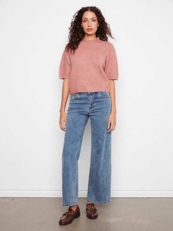 Balloon Elbow Sleeve Knit Sweater - Heather Carnation
