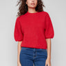 Crimson plush knit sweater featuring balloon-shaped elbow sleeves and elegant design by Charlie B.