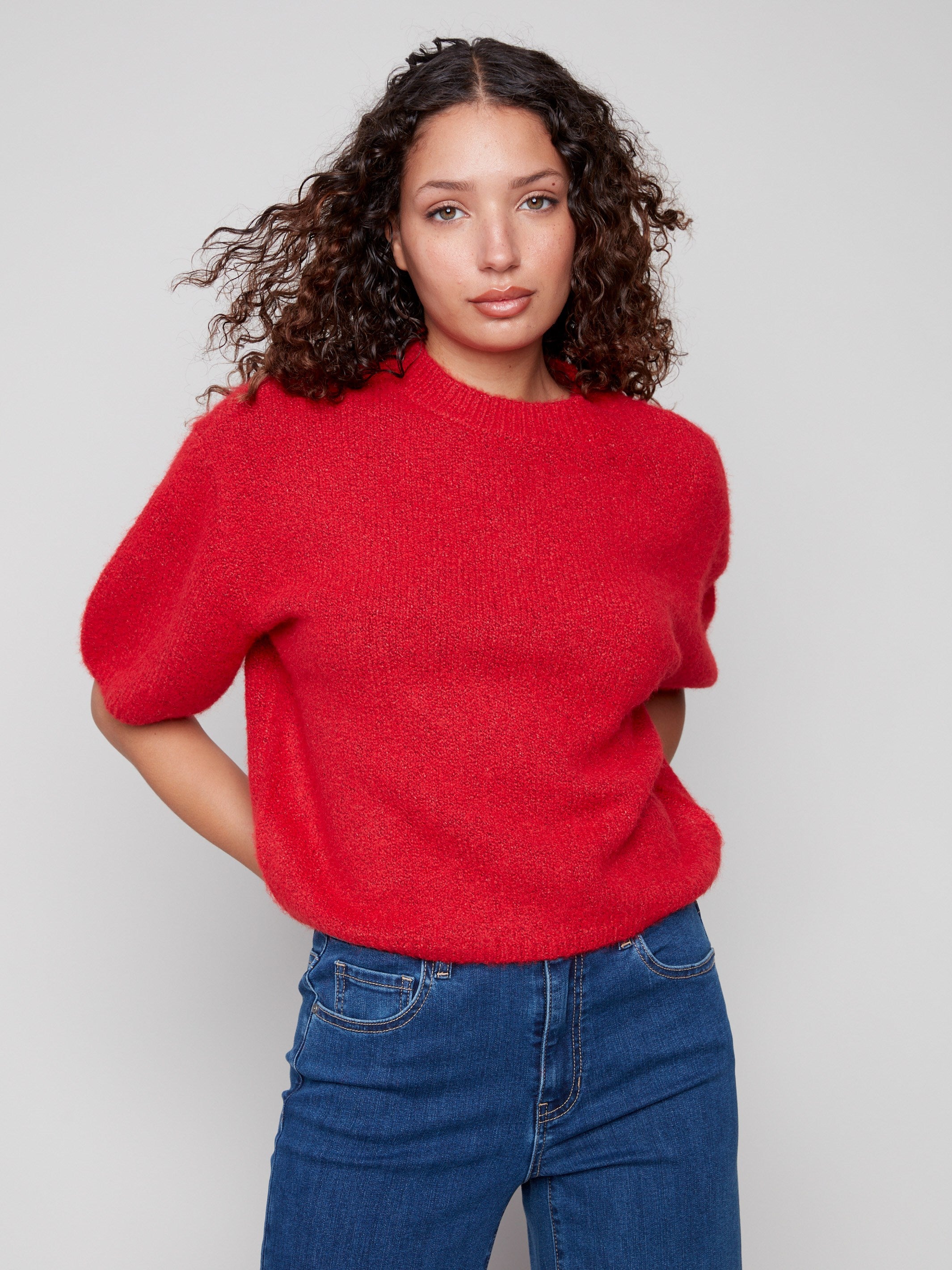 Relaxed fit crimson sweater with stylish balloon sleeves, offering comfort and chic style by Charlie B.