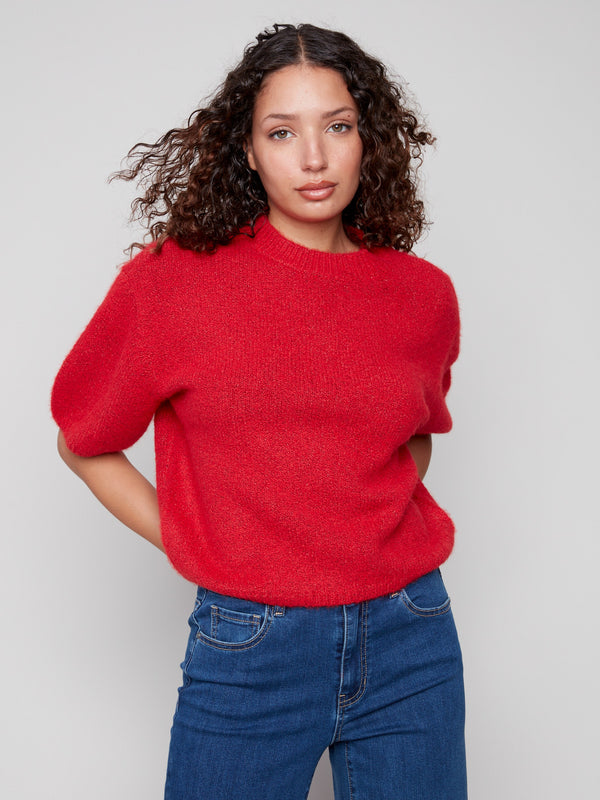 Relaxed fit crimson sweater with stylish balloon sleeves, offering comfort and chic style by Charlie B.