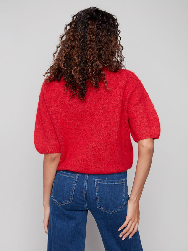 Balloon Elbow Sleeve Knit Sweater - Crimson