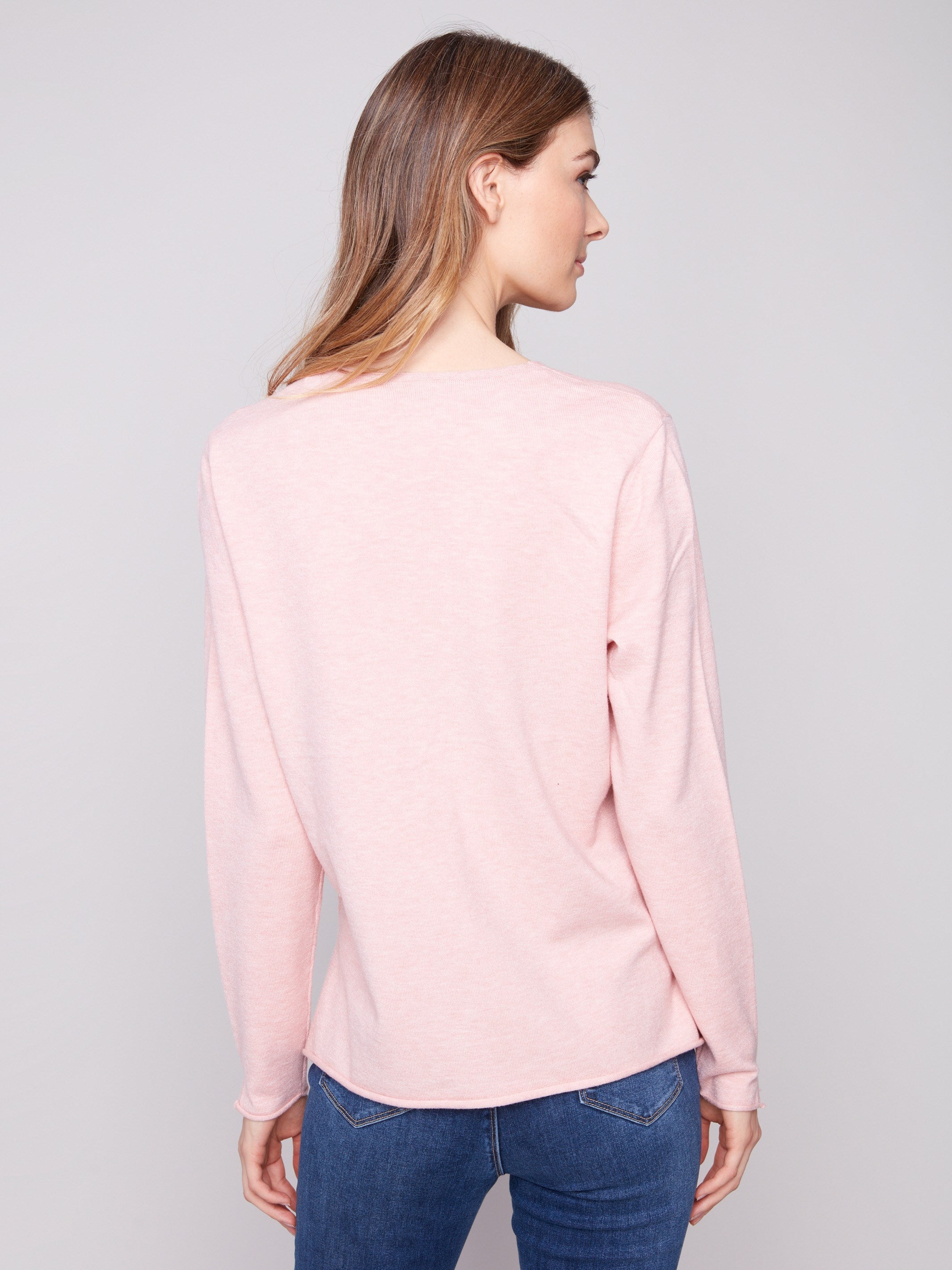 Classic fit V-neck sweater in heather ballet color, ideal for versatile styling by Charlie B.