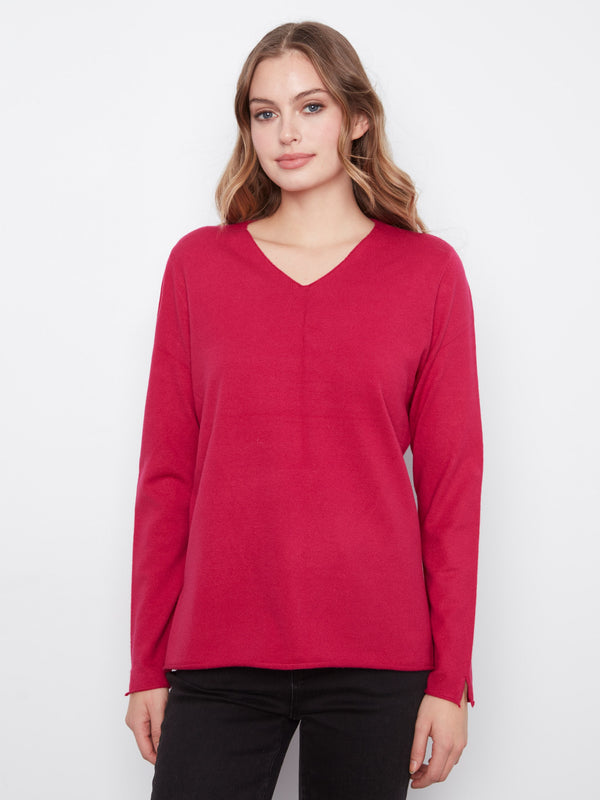 Basic V-Neck Sweater - Cherry