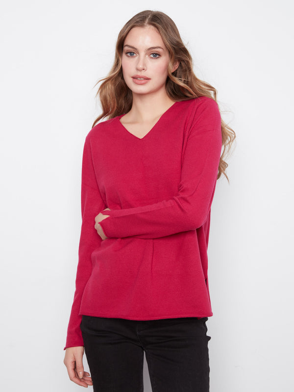 Basic V-Neck Sweater - Cherry
