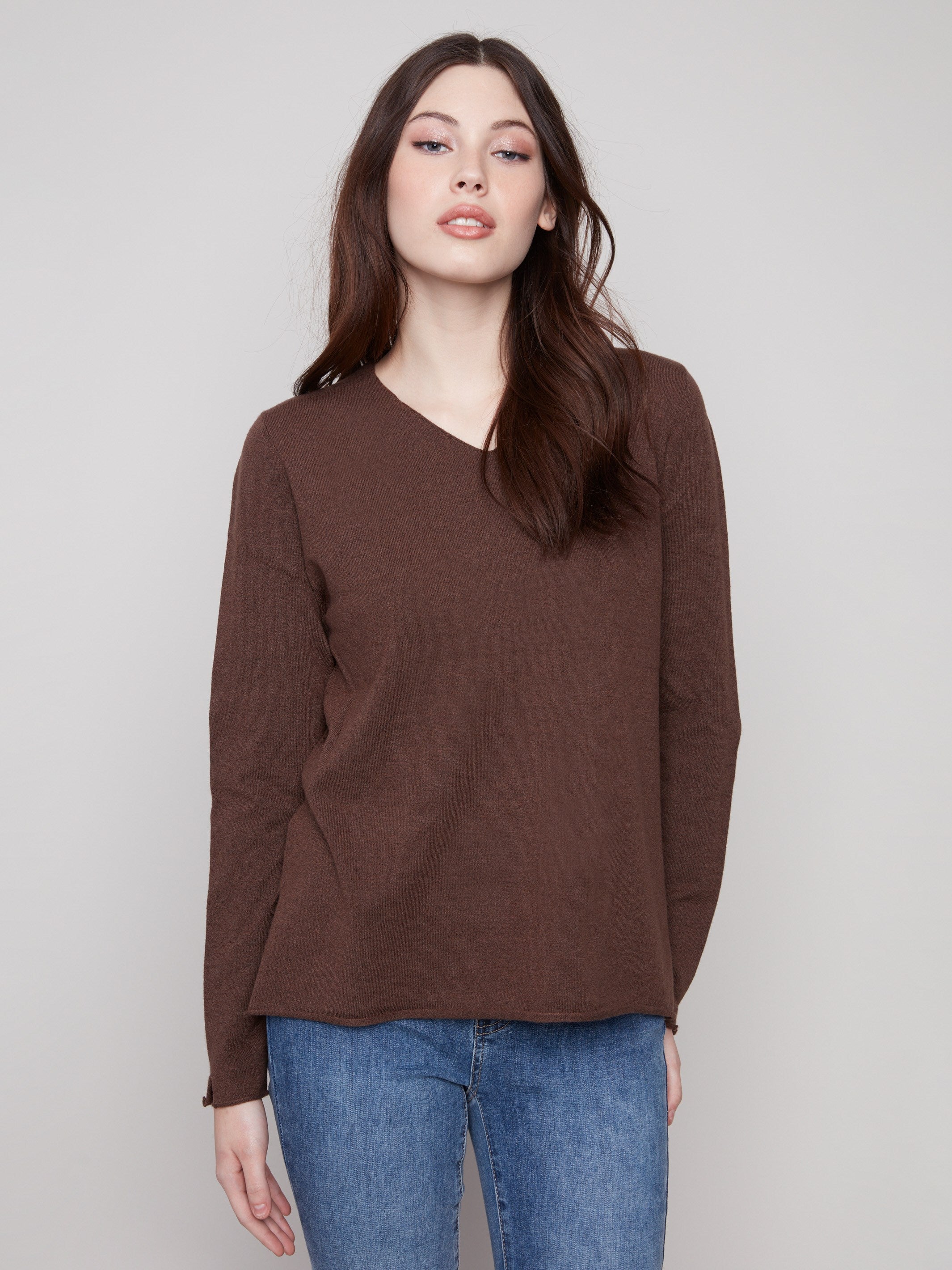 Heather mocha sweater with a plush texture and classic fit, perfect for cozy days by Charlie B.