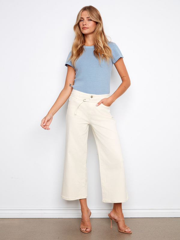 Belted Cropped Wide Leg Twill Jeans - Natural