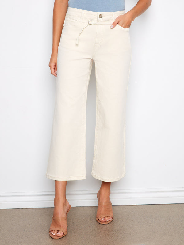 Belted Cropped Wide Leg Twill Jeans - Natural