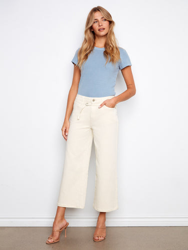 Stretch twill fabric in these natural-colored cropped pants ensures comfort and flexibility by Charlie B.