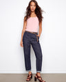 Deep blue denim pants with a slim fit and regular rise, featuring a stylish braided belt for added detail by Charlie B.
