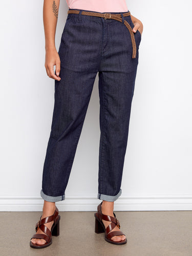 Denim pants in deep blue with adjustable cuffed hems, offering versatility in styling and comfort by Charlie B.