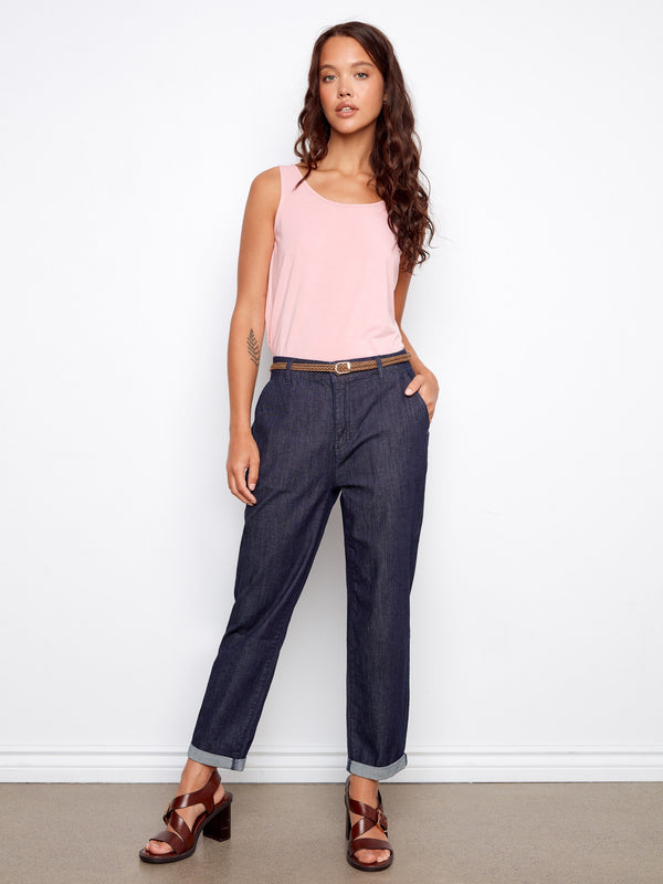 Featuring stretch denim fabric, these deep blue pants ensure a comfortable fit while maintaining a chic look by Charlie B.