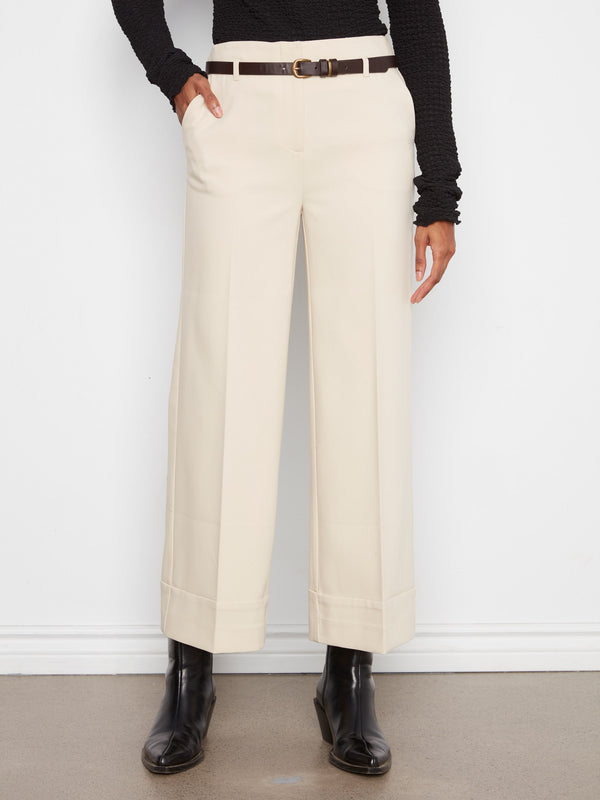 Belted Wide Leg Crepe Pants - Beige