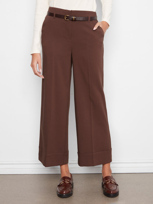 Belted Wide Leg Crepe Pants - Coffee