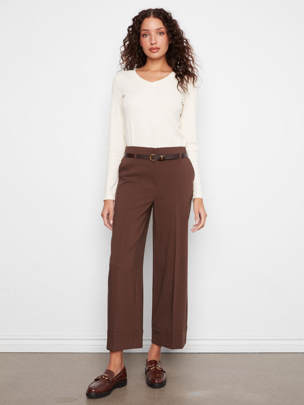 Belted Wide Leg Crepe Pants - Coffee