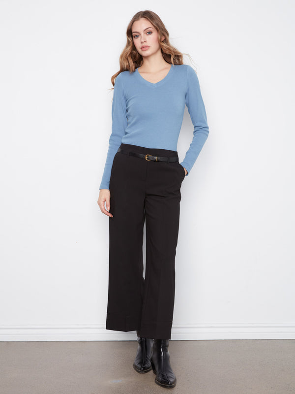 Belted Wide Leg Crepe Pants - Black