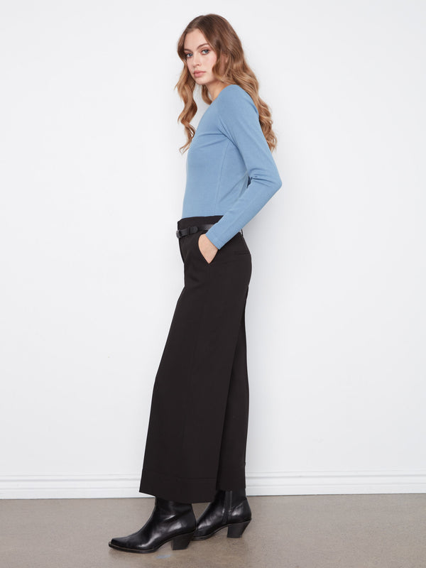 Belted Wide Leg Crepe Pants - Black