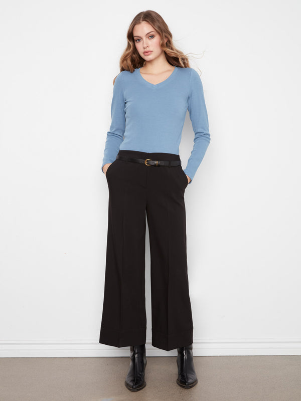 Belted Wide Leg Crepe Pants - Black