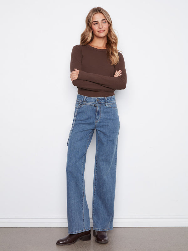 Belted Wide Leg Jeans - Medium Blue